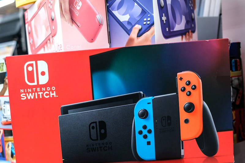 This picture taken on May 9, 2022, shows a box of Nintendo Switch video game console is displayed at...