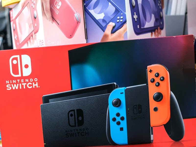 This picture taken on May 9, 2022, shows a box of Nintendo Switch video game console is displayed at...