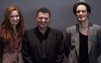 NEW YORK - APRIL 13: (L-R) Karen Gillan, Steven Moffat and Matt Smith visit the Apple Store Soho wit...