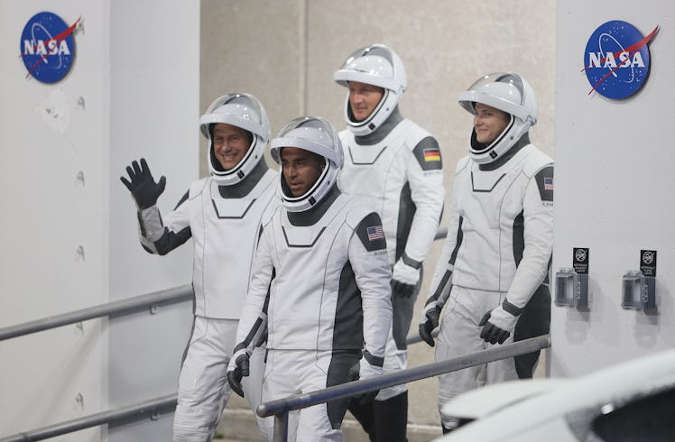 CAPE CANAVERAL, FLORIDA - NOVEMBER 10: (L-R front) NASA astronauts Tom Marshburn and Raja Chari and ...