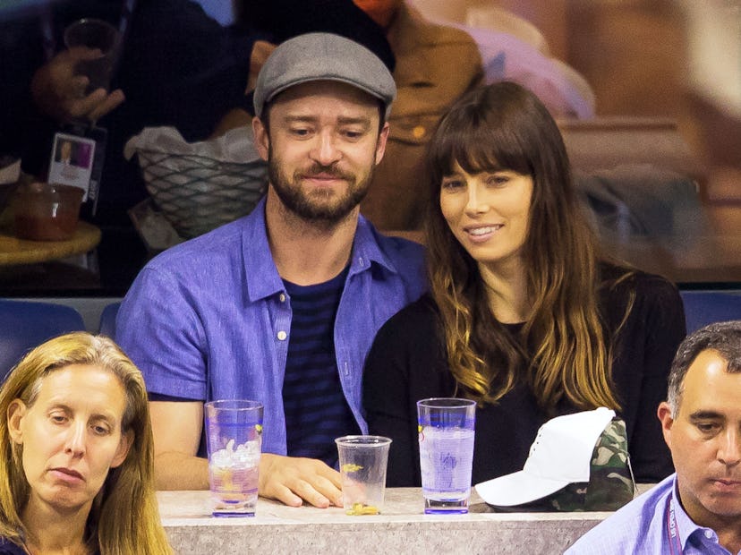 NEW YORK, NY - SEPTEMBER 02: Justin Timberlake and Jessica Biel flirt with each other while cheerin…