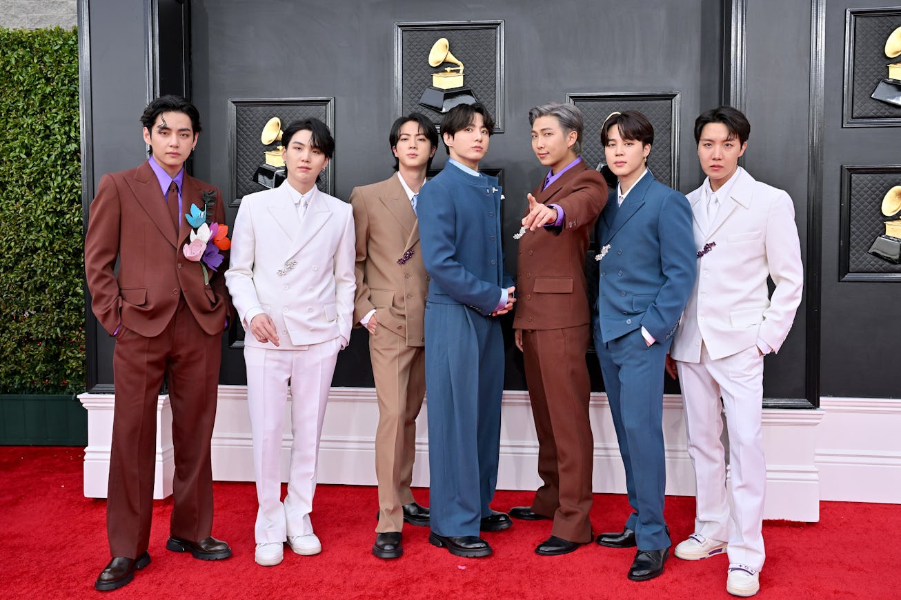 LAS VEGAS, NEVADA - APRIL 03: (L-R) V, Suga, Jin, Jungkook, RM, Jimin and J-Hope of BTS attends the ...