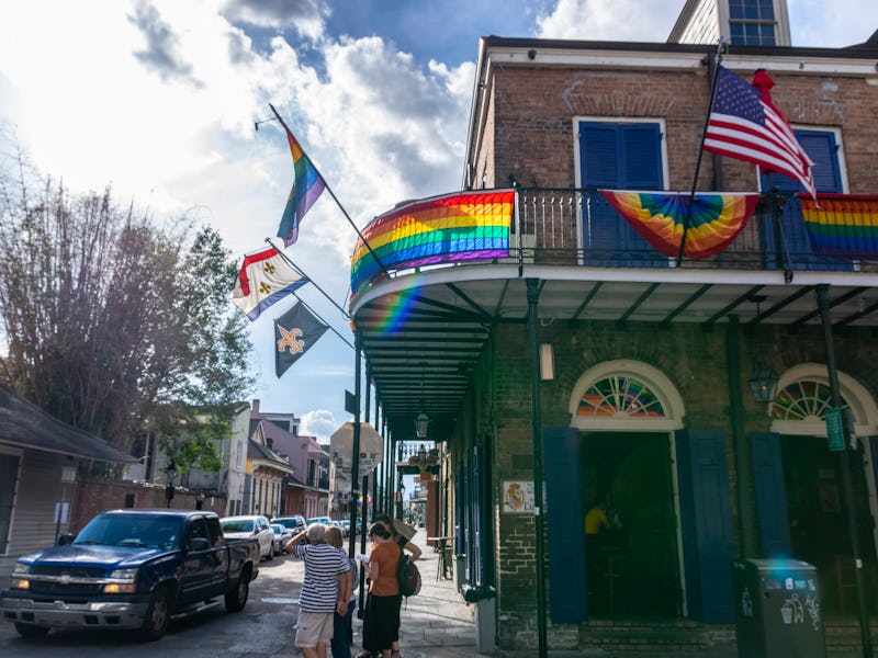 LGBTQ Pride Decorations on a bar in New Orleans Louisana's famous French Quarter, June 2018