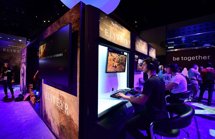 Gaming fans play "Elsweyr" from "The Elder Scolls" by Bethesda at the 2019 Electronic Entertainment ...