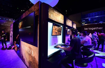 Gaming fans play "Elsweyr" from "The Elder Scolls" by Bethesda at the 2019 Electronic Entertainment ...
