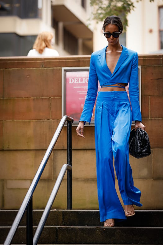 Chantal Monaghan wearing Zara blue suit and Bottega Veneta bag at Afterpay Australian Fashion Week 2...