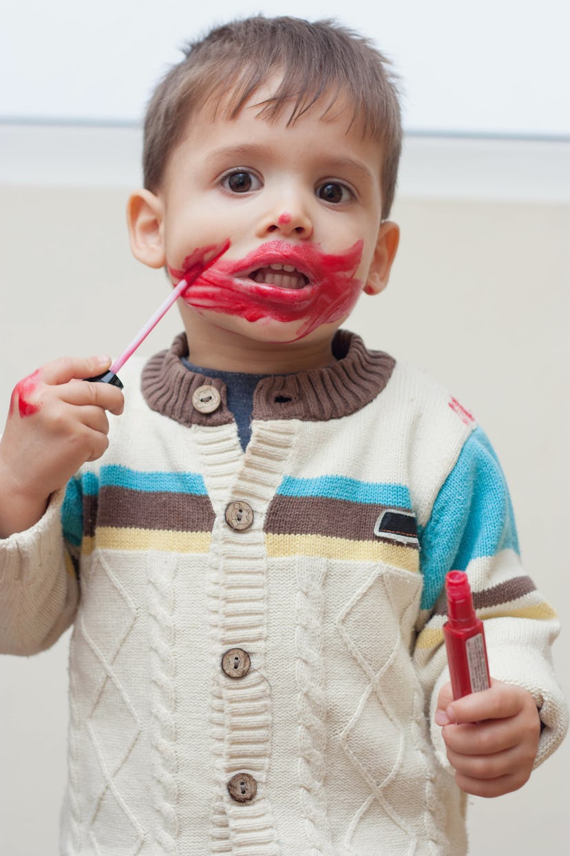  little toddler boy smeared with red lipstick, instagram captions for kids making a mess