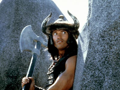 Austrian-born American actor Arnold Schwarzenegger on the set of Conan the Barbarian, directed by Jo...