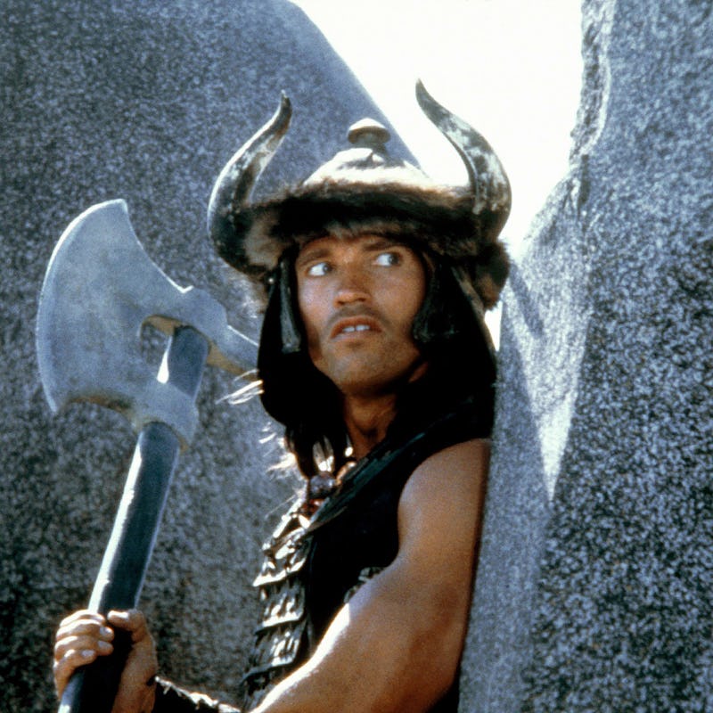 Austrian-born American actor Arnold Schwarzenegger on the set of Conan the Barbarian, directed by Jo...