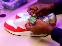 A tag is placed on a pair of Nike Air Max Anniversary shoes at Stock X on January 10, 2018 in Detroi...