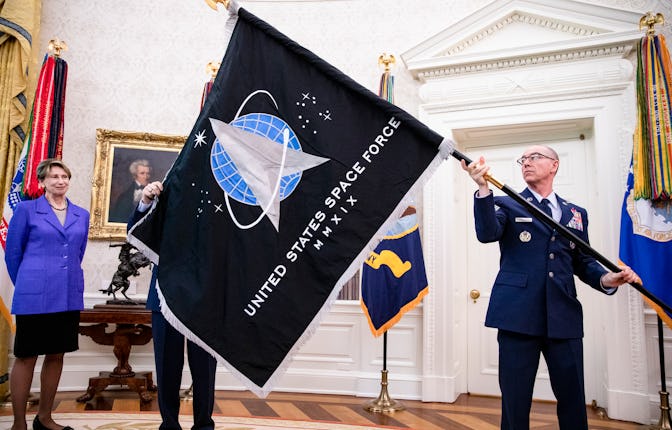 WASHINGTON, DC - MAY 15: Chief Master Sgt. Roger Towberman (R), Space Force and Command Senior Enli...