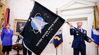 WASHINGTON, DC - MAY 15: Chief Master Sgt. Roger Towberman (R),  Space Force and Command Senior Enli...