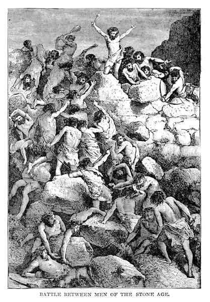 Battle between men of the stone age - Scanned 1890 Engraving