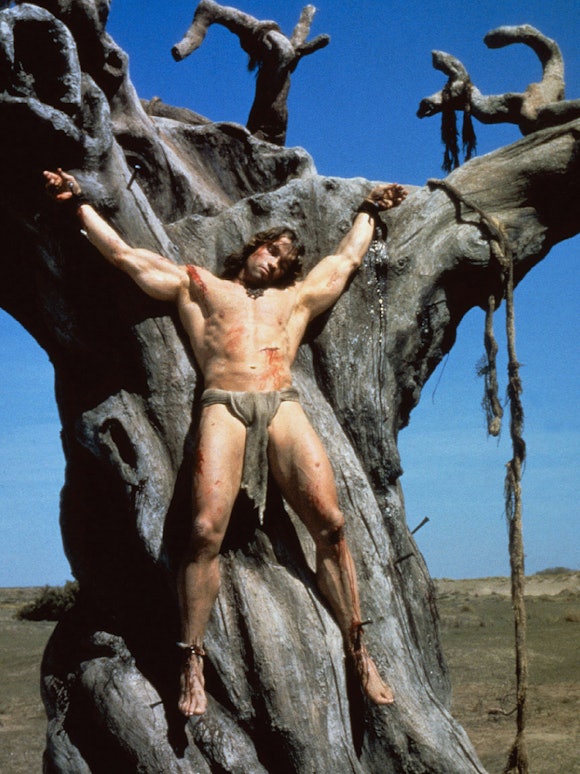Austrian-born American actor Arnold Schwarzenegger on the set of Conan the Barbarian, directed by Jo...