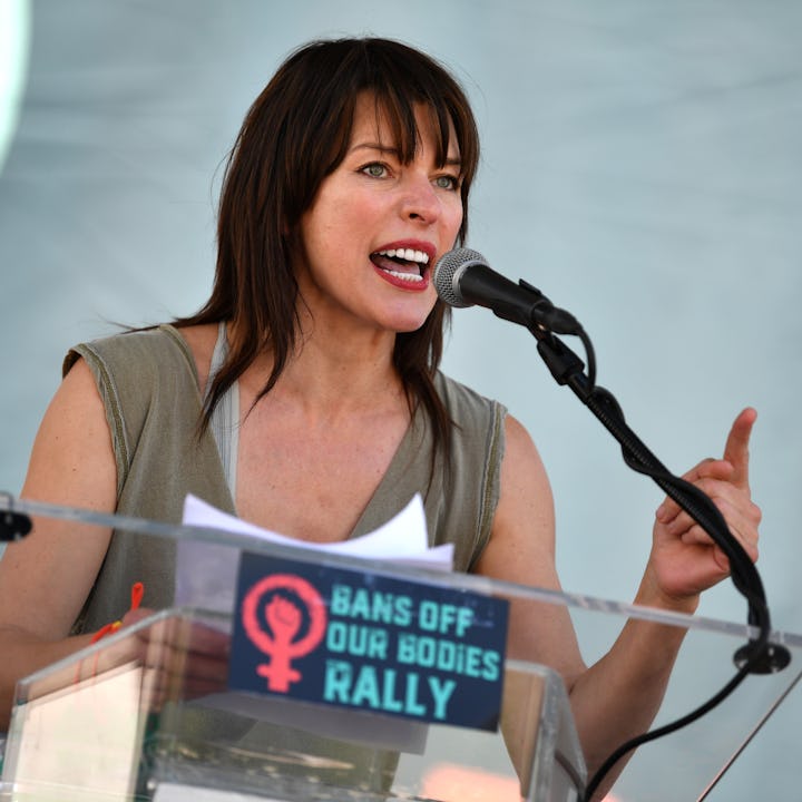 Actress Milla Jovovich speaks at the Women's March Foundation's National Day Of Action! The "Bans Of...