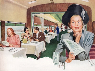 Illustration of a woman with a menu in the dining car of a luxury train, 1943. Screen print. (Photo ...