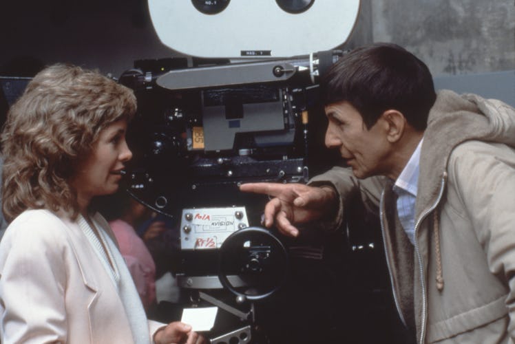 American actress Catherine Hicks with actor and director Leonard Nimoy on the set of his movie Star ...
