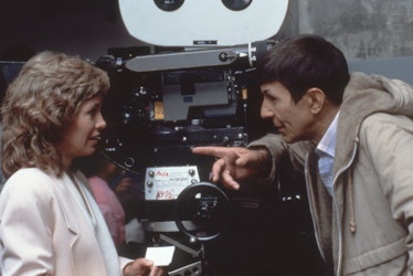 American actress Catherine Hicks with actor and director Leonard Nimoy on the set of his movie Star ...