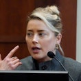Actor Amber Heard testifies in the courtroom at the Fairfax County Circuit Courthouse in Fairfax, Vi...
