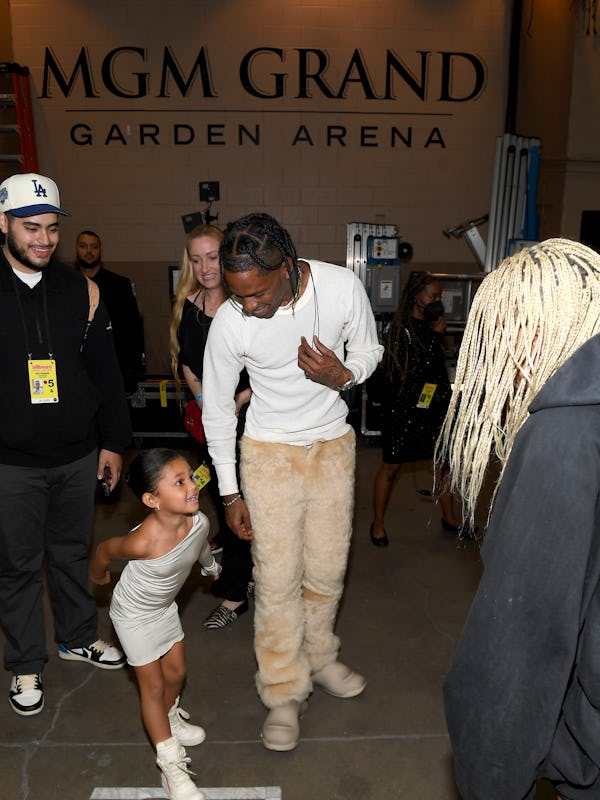Stormi Webster and Travis Scott attend the 2022 Billboard Music Awards at MGM Grand Garden Arena on ...