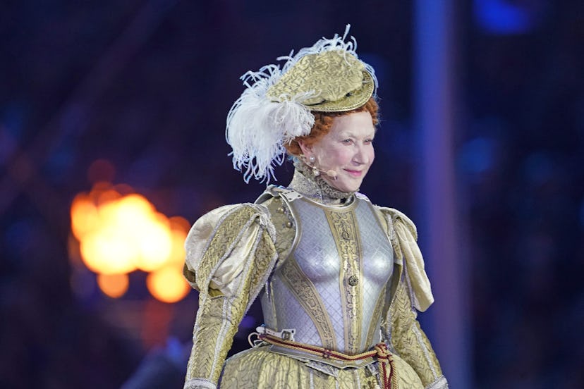 Dame Helen Mirren dressed as Queen Elizabeth I performs during the A Gallop Through History Platinum...