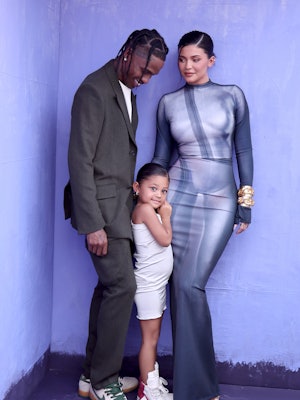 Travis Scott, Stormi Webster, and Kylie Jenner attend the 2022 Billboard Music Awards at MGM Grand G...