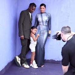 LAS VEGAS, NEVADA - MAY 15: (L-R) Travis Scott, Stormi Webster, and Kylie Jenner attend the 2022 Bil...