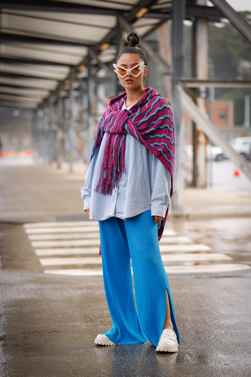 SYDNEY, AUSTRALIA - MAY 09: Zahli Napier wearing Missoni shawl, Lioness shirt, Vintage Harleu Davids...