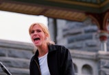 Julia Roberts yells from a balcony of Belvedere Castle in Central Park while filming, "Stepmom" in N...