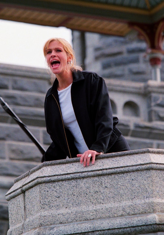 Julia Roberts yells from a balcony of Belvedere Castle in Central Park while filming, "Stepmom" in N...
