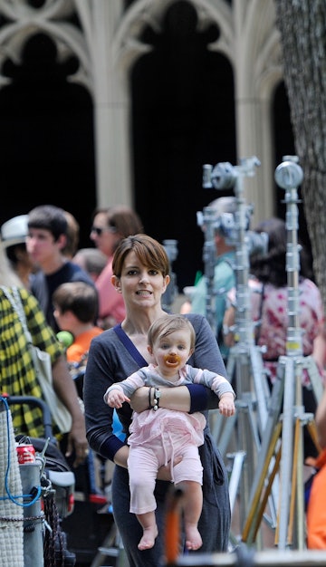 Tina Fey and her daughter Penelope Athena Richmond filming on location for "Admission" on July 2, 20...