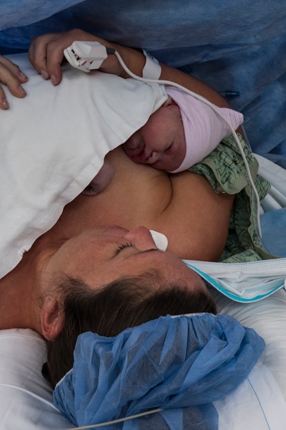 Newborn cuddles with mom after C-section, do they break your water for a C-section