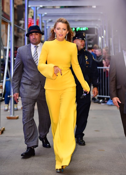 blake lively wearing a  yellow Brandon Maxwell top and wide leg trousers at good morning america in ...