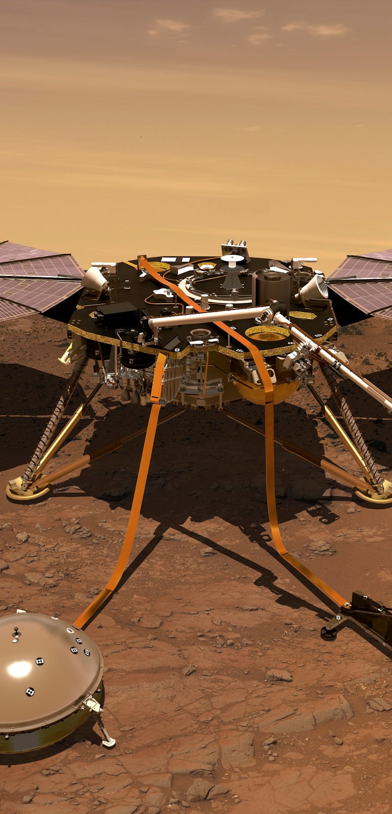 An artist's rendition of the InSight lander operating on the surface of Mars.The lander's science in...