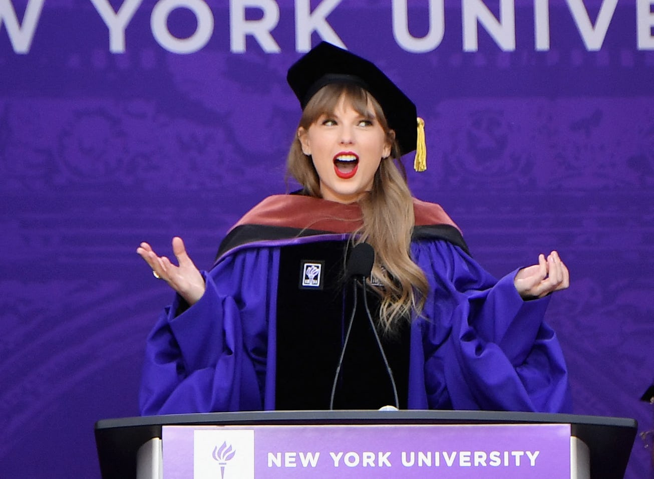 US singer Taylor Swift delivers the commencement address to New Yor University graduates, in New Yor...