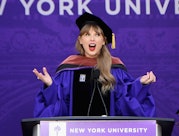 US singer Taylor Swift delivers the commencement address to New Yor University graduates, in New Yor...
