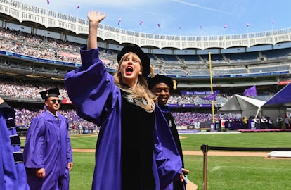 Taylor Swift waves at graduating students during New York University's commencement ceremony, and Ta...