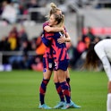 Ashley Sanchez #13 of the United States celebrates her first international goal with teammate Kristi...