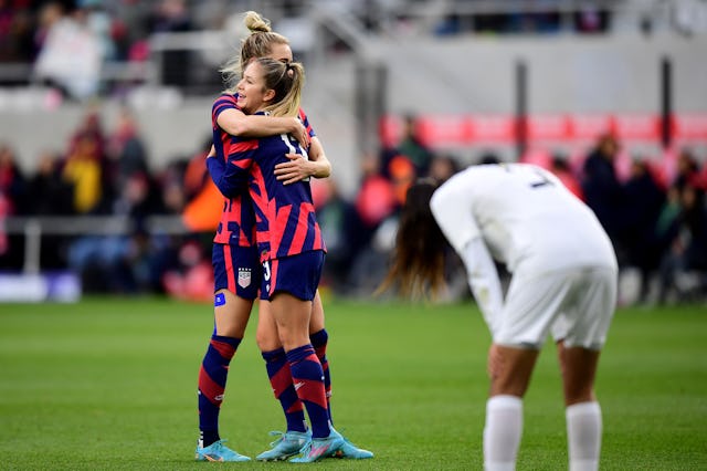 Ashley Sanchez #13 of the United States celebrates her first international goal with teammate Kristi...