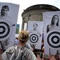 Boston, MA - May 14: Women carry self-portraits during Bans Off Our Bodies, a pro-choice rally on Bo...