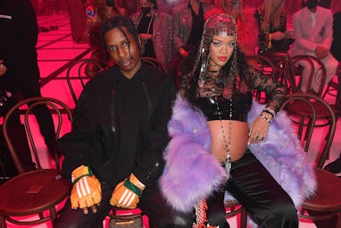 MILAN, ITALY - FEBRUARY 25: Asap Rocky and Rihanna are seen at the Gucci show during Milan Fashion W...