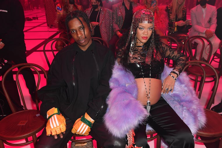 MILAN, ITALY - FEBRUARY 25: Asap Rocky and Rihanna are seen at the Gucci show during Milan Fashion W...