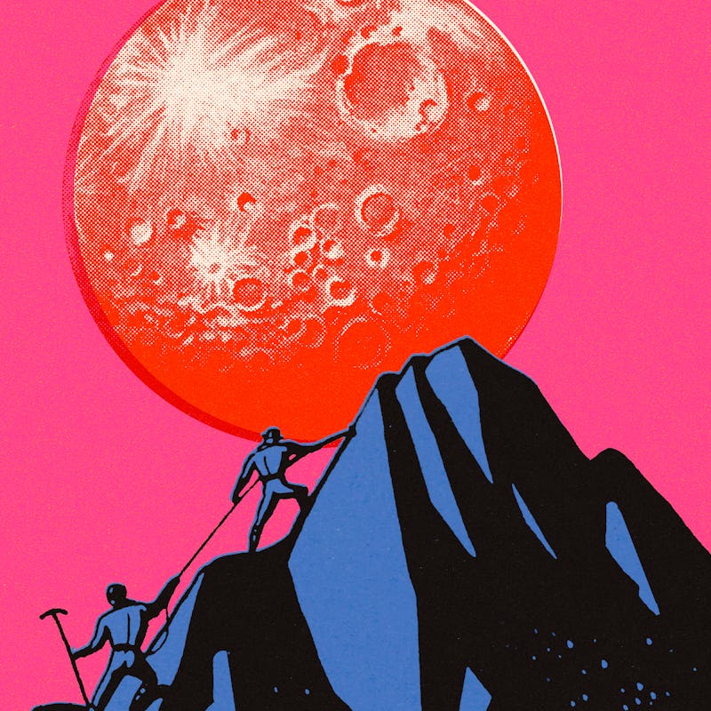 Mountain Climbers and Huge Moon