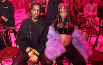 MILAN, ITALY - FEBRUARY 25: Asap Rocky and Rihanna are seen at the Gucci show during Milan Fashion W...