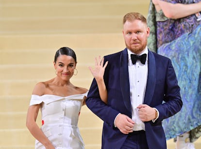 NEW YORK, NEW YORK - SEPTEMBER 13: Alexandria Ocasio-Cortez and Riley Roberts leave the 2021 Met Gal...