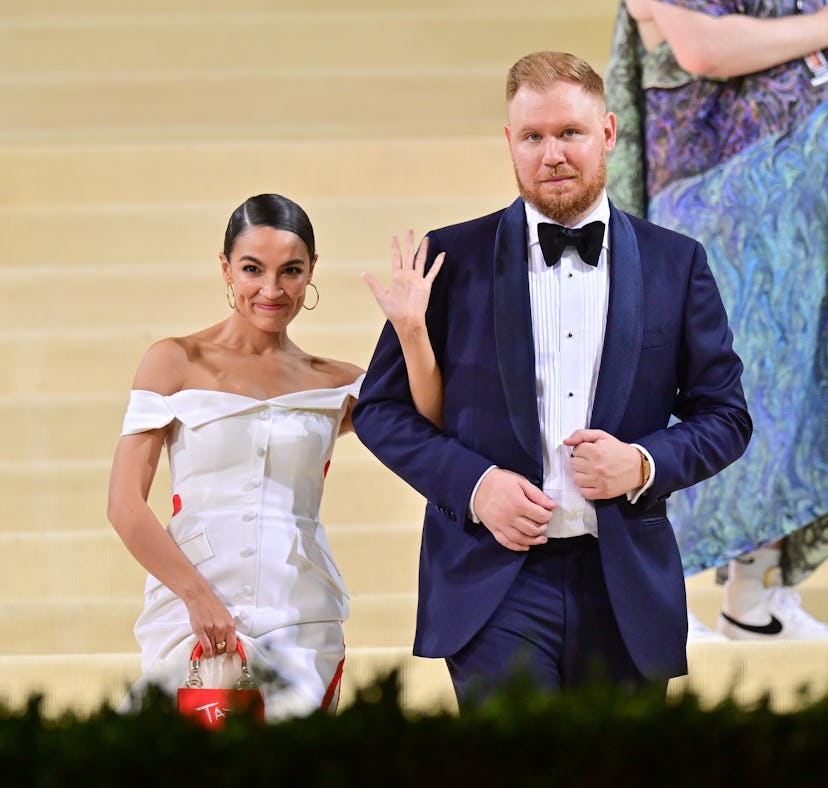 NEW YORK, NEW YORK - SEPTEMBER 13: Alexandria Ocasio-Cortez and Riley Roberts leave the 2021 Met Gal...