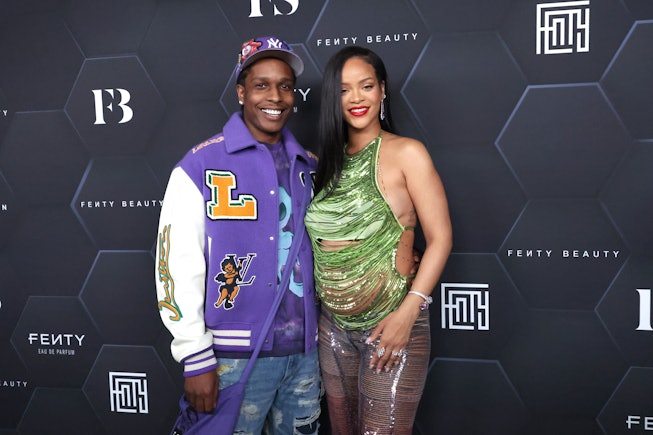 LOS ANGELES, CALIFORNIA - FEBRUARY 11: ASAP Rocky and  Rihanna pose for a picture as they celebrate ...