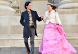 NEW YORK, NY - FEBRUARY 06: Penn Badgley and Leighton Meester are seen on the set of Gossip Girl on ...