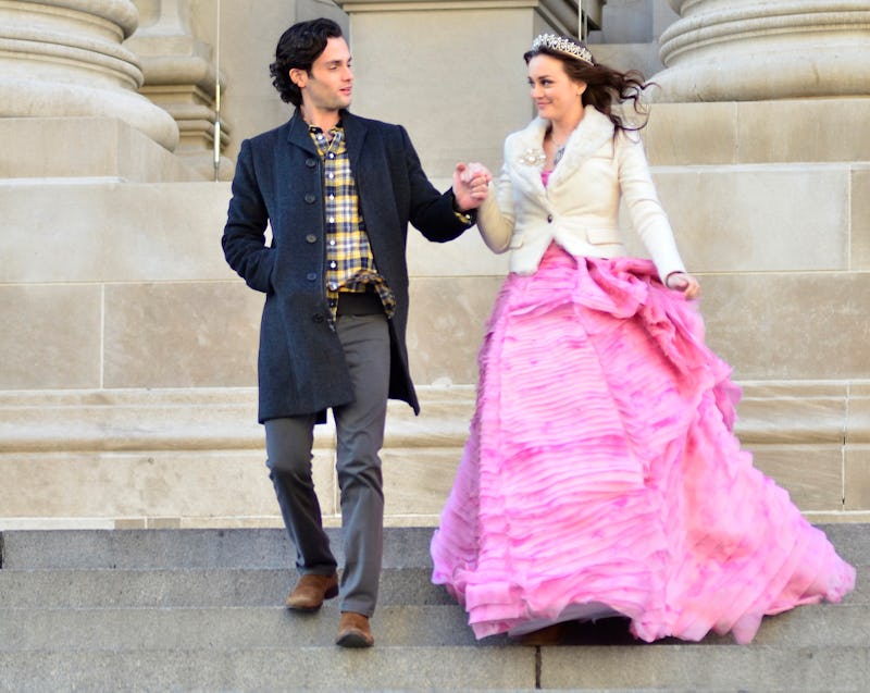 NEW YORK, NY - FEBRUARY 06: Penn Badgley and Leighton Meester are seen on the set of Gossip Girl on ...