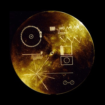 Gold aluminium cover designed to protect the Voyager 1 and 2. Gold-plated records from micrometeorit...